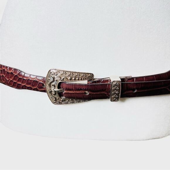 Lake Shore Drive Leather Belt Size M Silvertone Ornate Buckle Hinge Inserts Boho - Picture 6 of 14